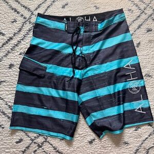 EUC ALOHA DA HUI HAWAII Board Swim Trunk 32 Blue Teal Stripe
